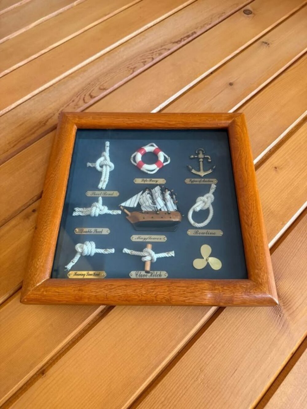 Ship Nautical Knots Blue Base & Oak Wood Cased Shadow Box 10”x 10”